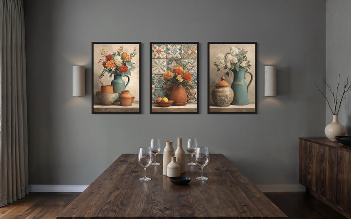 Dining Room Canvas Art – Set of 3 Rustic Kitchen Wall Decor with Floral Pottery