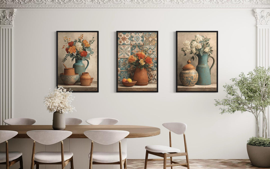 Dining Room Canvas Art – Set of 3 Rustic Kitchen Wall Decor with Floral Pottery