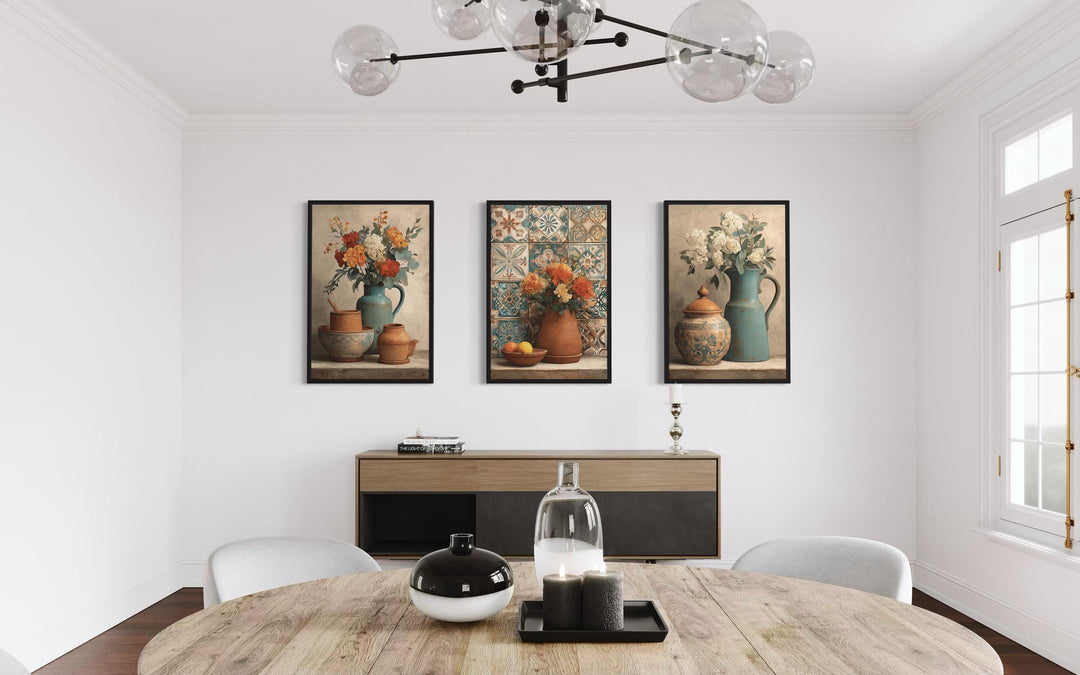 Dining Room Canvas Art – Set of 3 Rustic Kitchen Wall Decor with Floral Pottery