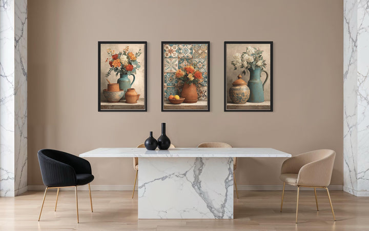 Dining Room Canvas Art – Set of 3 Rustic Kitchen Wall Decor with Floral Pottery