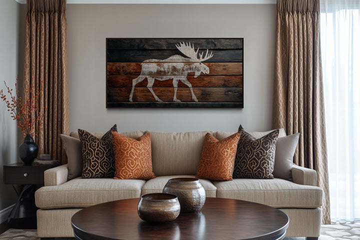 Distressed White Moose Silhouette On Wood Planks Framed Canvas Wall Art