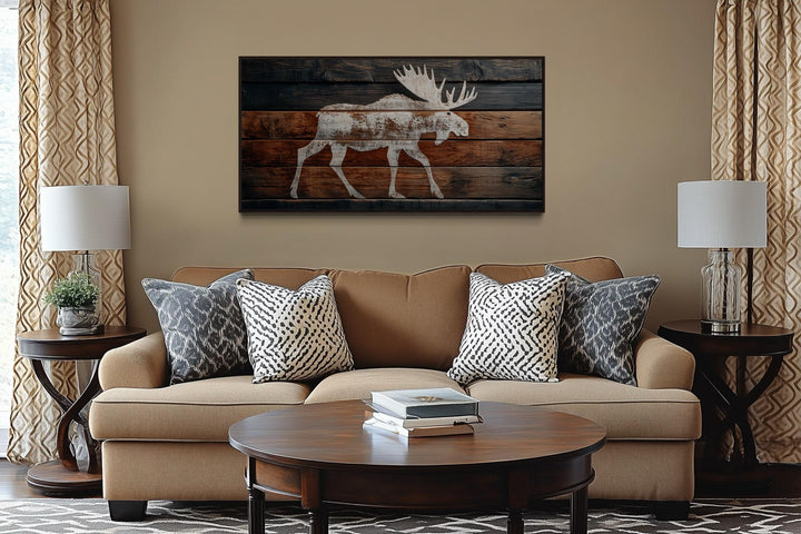 Distressed White Moose Silhouette On Wood Planks Framed Canvas Wall Art