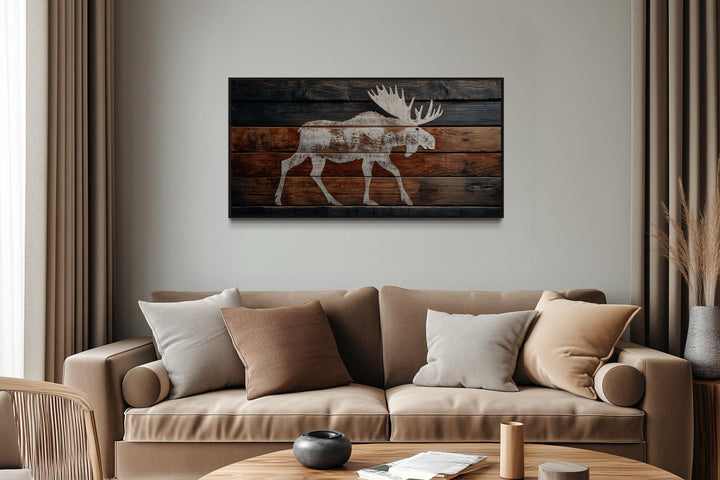 Distressed White Moose Silhouette On Wood Planks Framed Canvas Wall Art