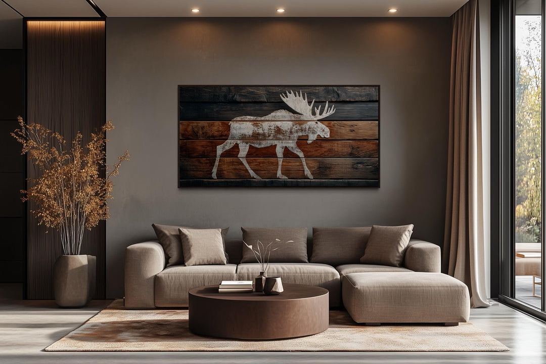 Distressed White Moose Silhouette On Wood Planks Framed Canvas Wall Art