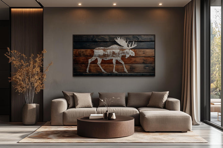 Distressed White Moose Silhouette On Wood Planks Framed Canvas Wall Art