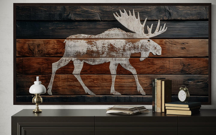 Distressed White Moose Silhouette On Wood Planks Framed Canvas Wall Art