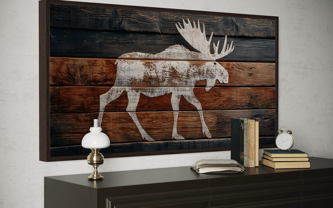 Distressed White Moose Silhouette On Wood Planks Framed Canvas Wall Art