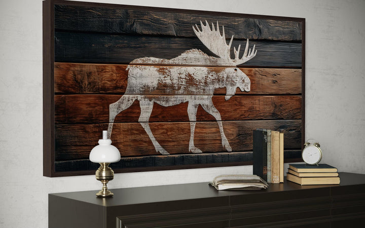 Distressed White Moose Silhouette On Wood Planks Framed Canvas Wall Art