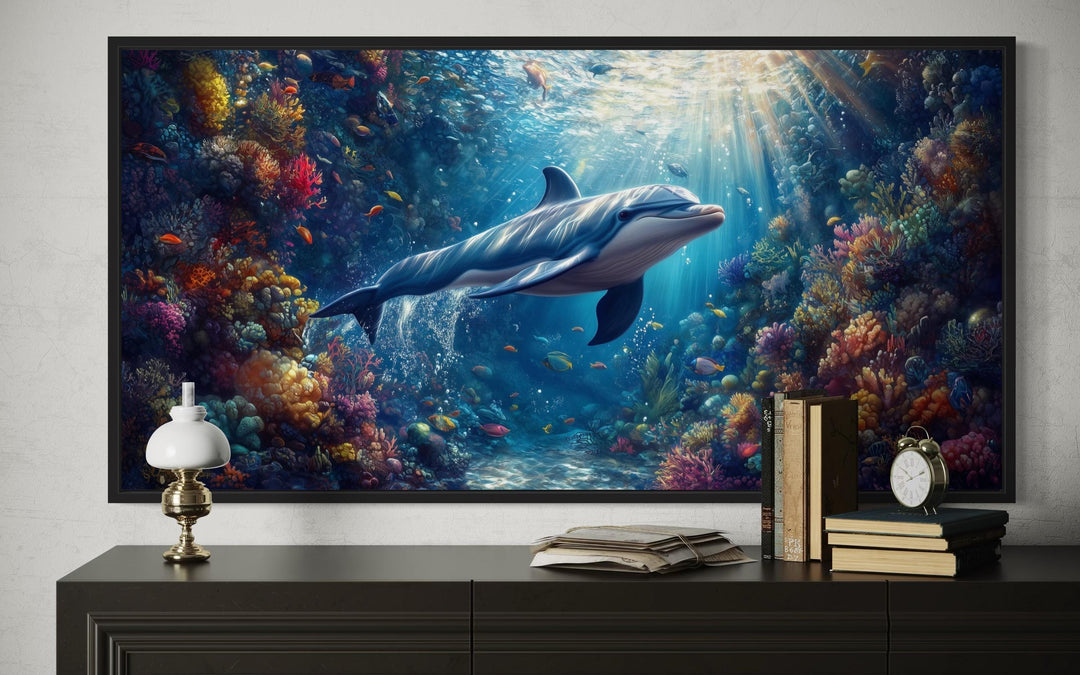Dolphin in Colorful Coral Reef Underwater Framed Canvas Wall Art