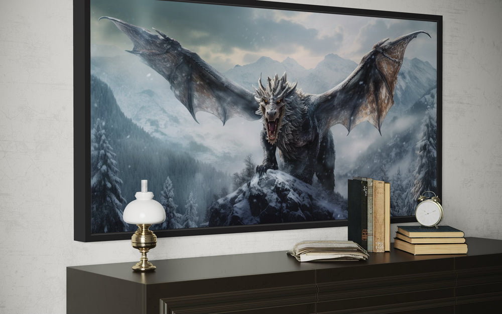 Dragon In Snowy Mountains Framed Canvas Wall Art