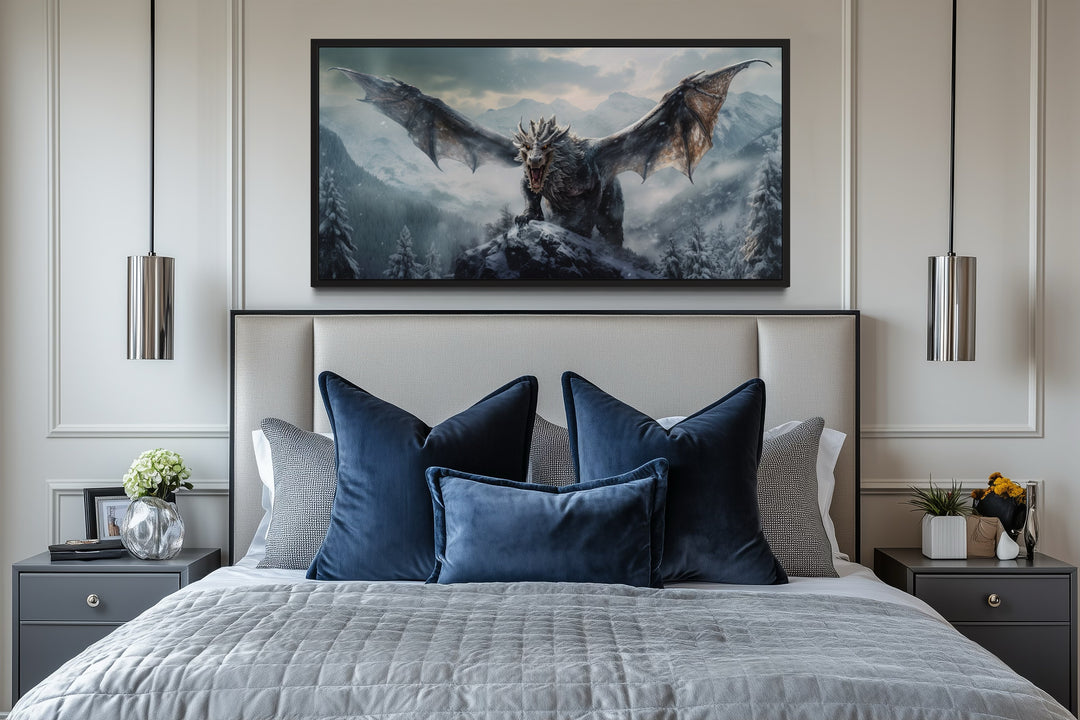 Dragon In Snowy Mountains Framed Canvas Wall Art