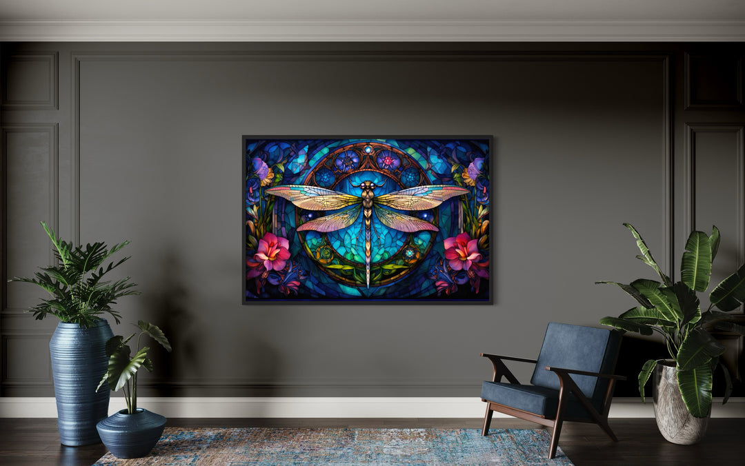 Dragonfly Stained Glass Style Art Nouveau Framed Canvas Wall Art