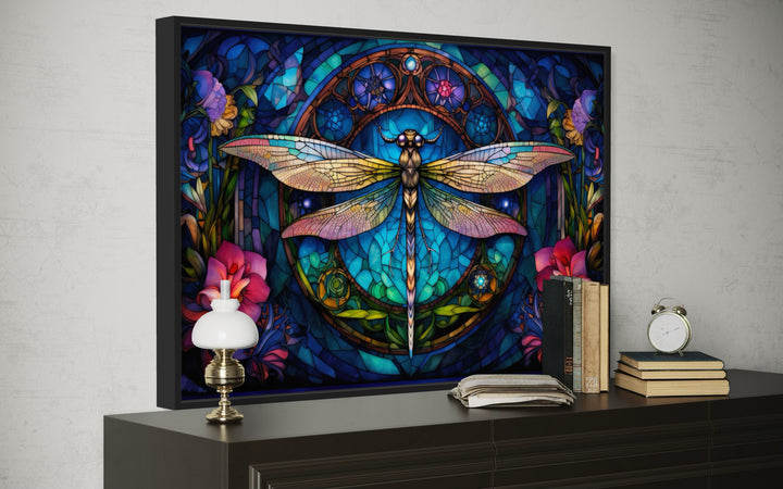 Dragonfly Stained Glass Style Art Nouveau Framed Canvas Wall Art