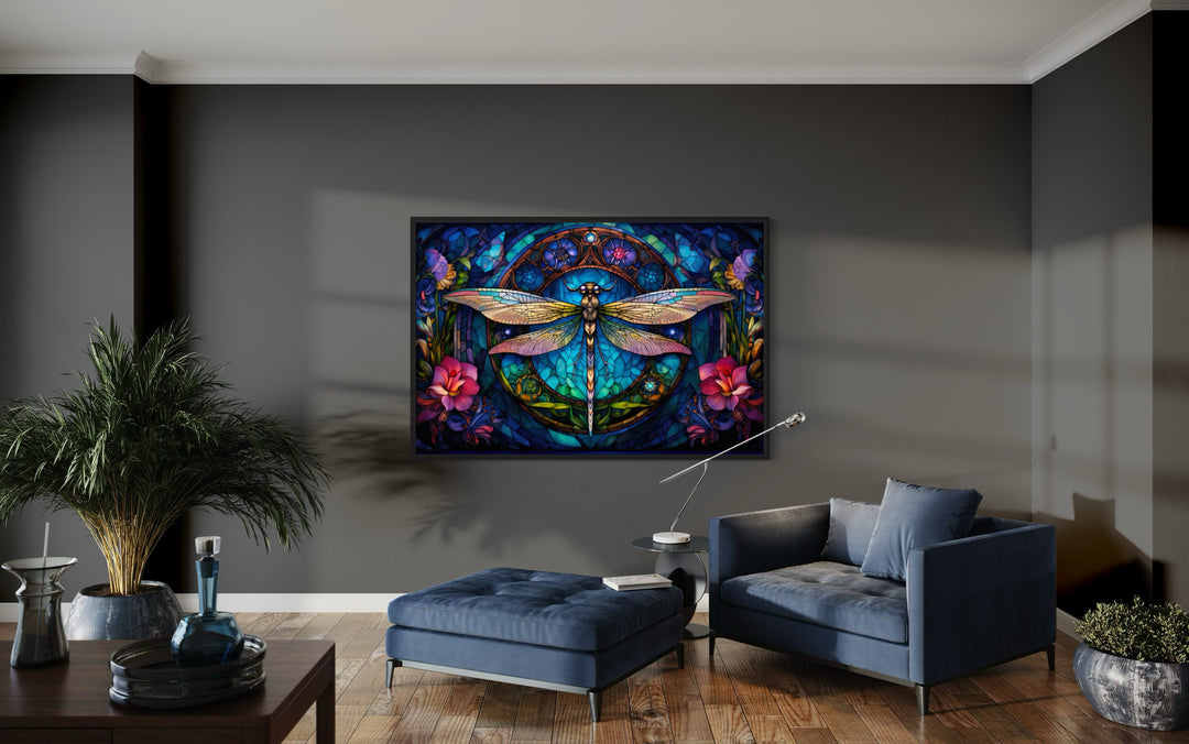 Dragonfly Stained Glass Style Art Nouveau Framed Canvas Wall Art