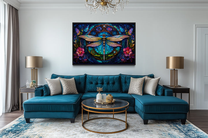 Dragonfly Stained Glass Style Art Nouveau Framed Canvas Wall Art