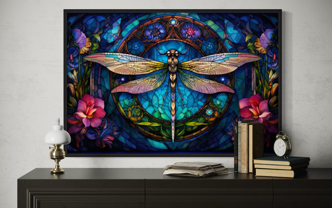 Dragonfly Stained Glass Style Art Nouveau Framed Canvas Wall Art