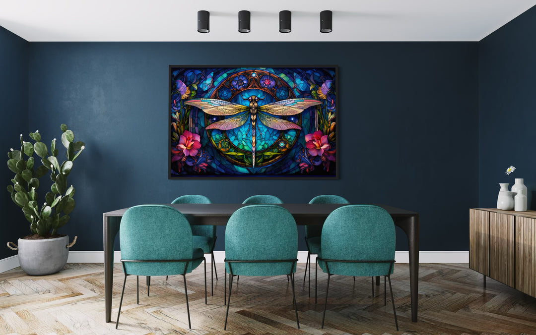 Dragonfly Stained Glass Style Art Nouveau Framed Canvas Wall Art