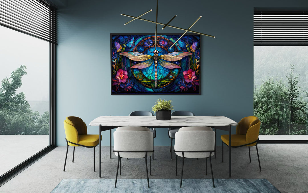 Dragonfly Stained Glass Style Art Nouveau Framed Canvas Wall Art