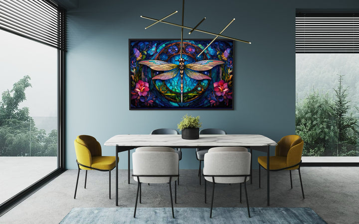 Dragonfly Stained Glass Style Art Nouveau Framed Canvas Wall Art