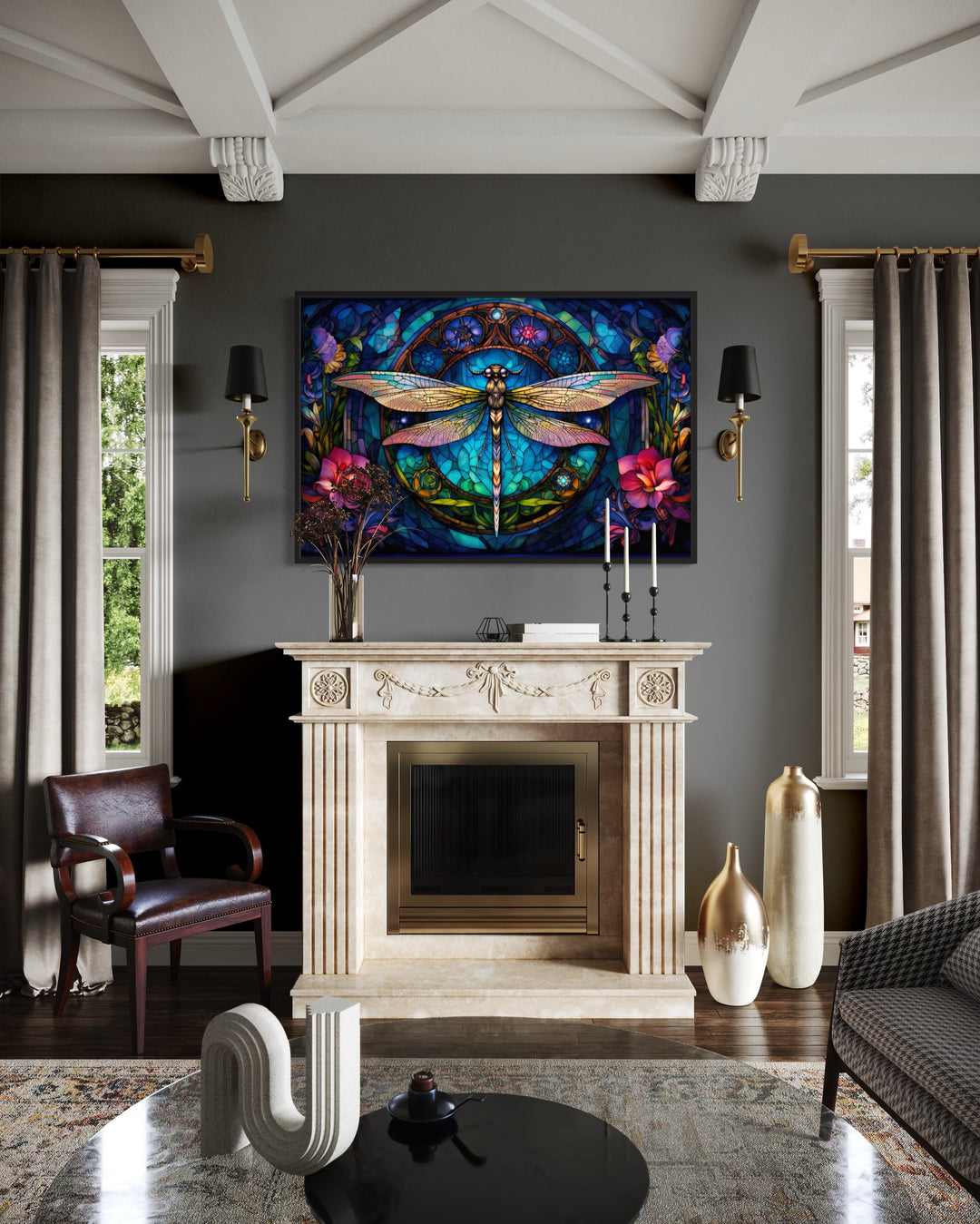 Dragonfly Stained Glass Style Art Nouveau Framed Canvas Wall Art