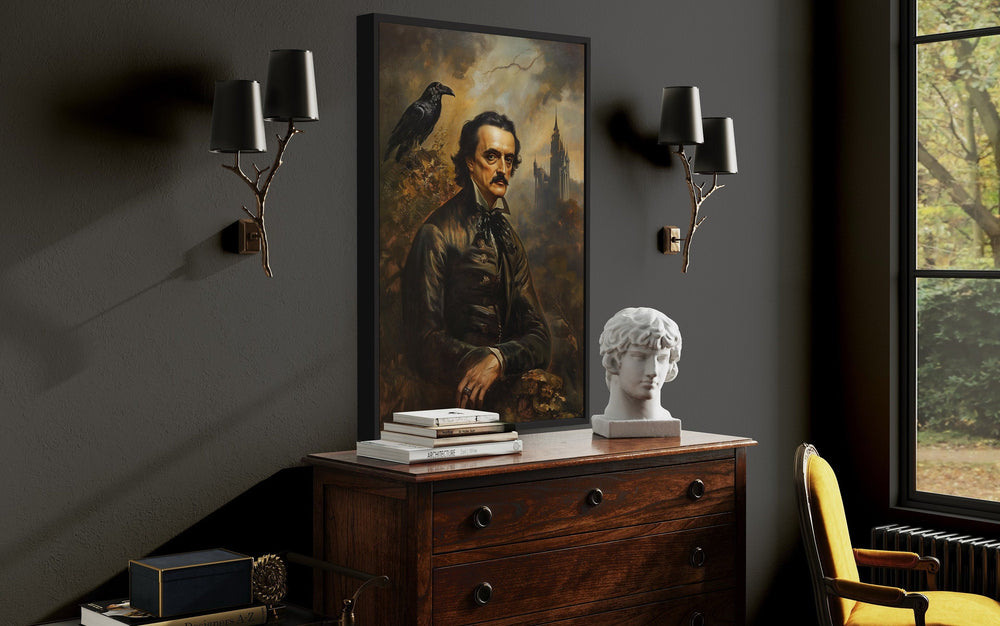 Edgar Allan Poe And Raven Vintage Gothic Framed Canvas Wall Art