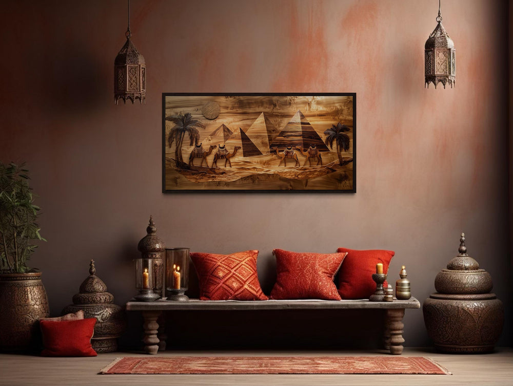 Egypt Wall Art - Camels And Pyramids Desert Scene Wood Painting Canvas Print