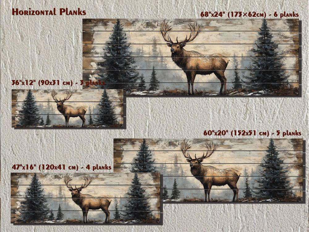 Elk In Winter Forest Long Horizontal Real Wood Wall Art For Cabin Decor