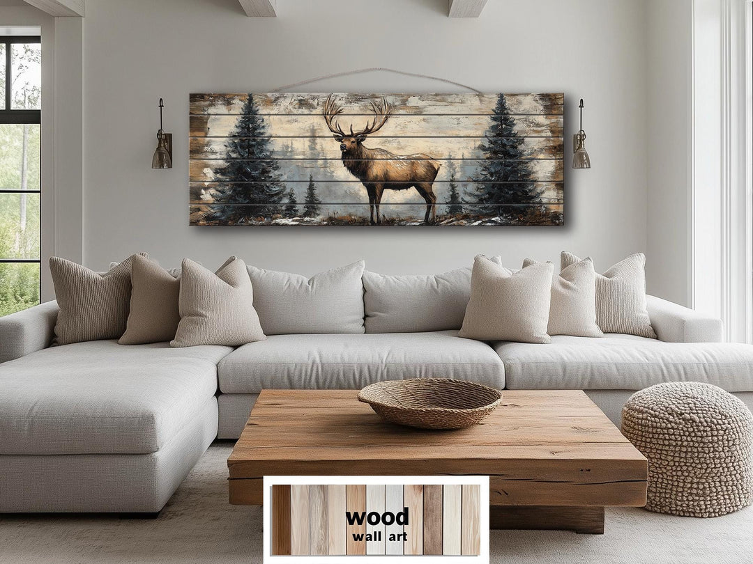 Elk In Winter Forest Long Horizontal Real Wood Wall Art For Cabin Decor