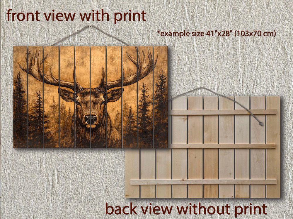 Elk With Antlers In Pine Forest Real Wood Wall Art