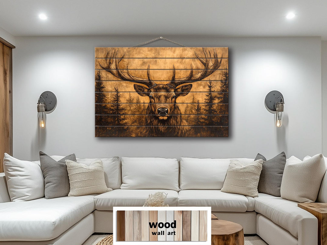 Elk With Antlers In Pine Forest Real Wood Wall Art