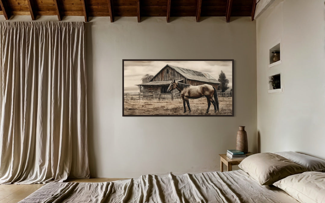 Farm Horse Near Old Barn Rustic Farmhouse Canvas Wall Art