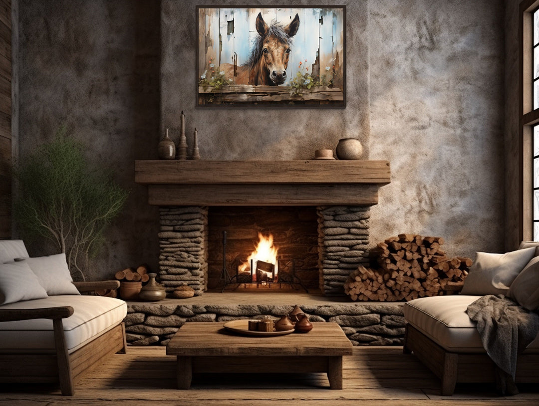 Farm Horse Rustic Painting on Wood Effect Framed Canvas Wall Art