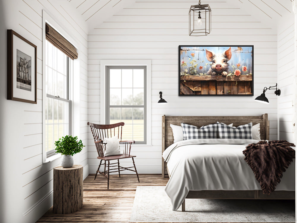 Farm Pig Rustic Painting Framed Canvas Wall Art