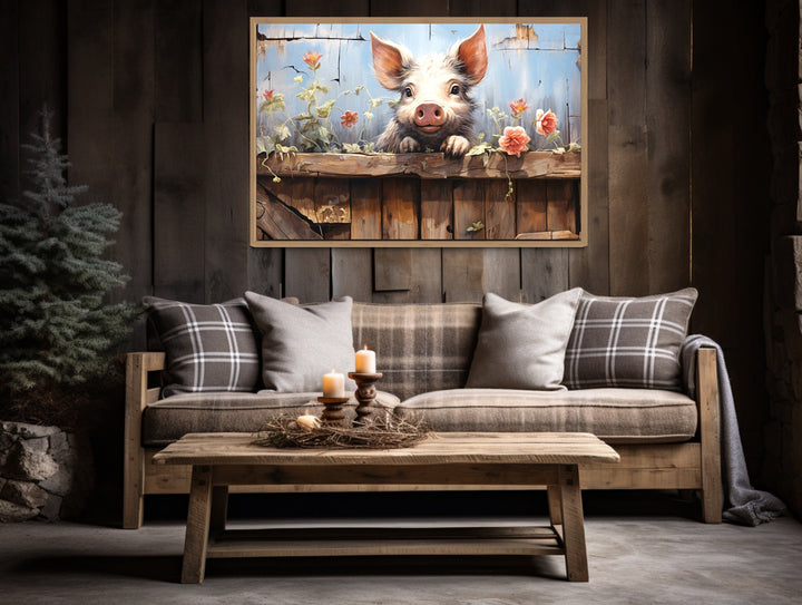 Farm Pig Rustic Painting Framed Canvas Wall Art