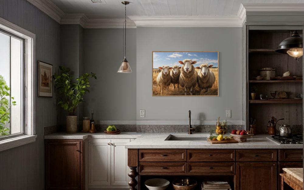 Farm Sheep In The Field Framed Canvas Wall Art for Farmhouse Kitchen