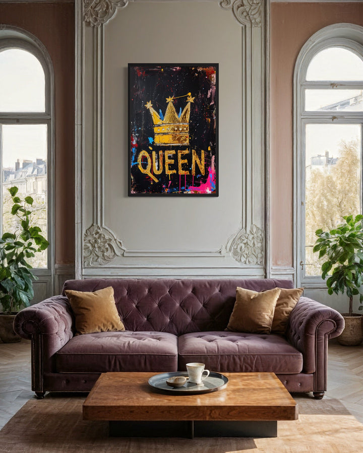 Feminist Wall Art, Gold Crown With Word Queen Canvas Wall Art