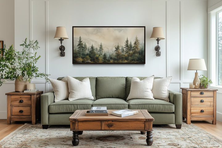 Fir Tree Forest Sage Green Framed Canvas Wall Art