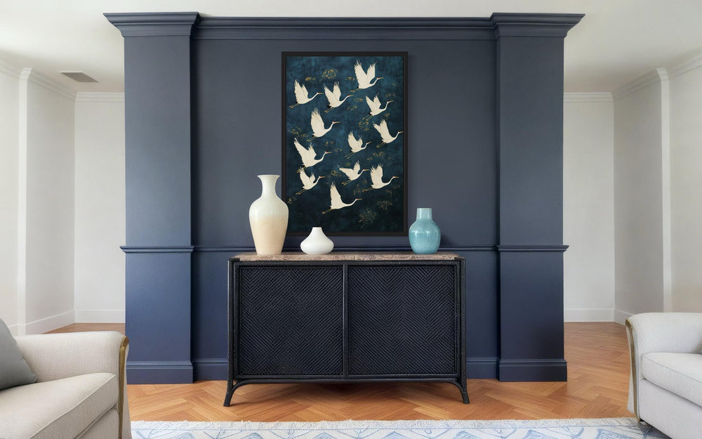 Flying Japanese Cranes Navy Blue Gold Canvas Wall Art