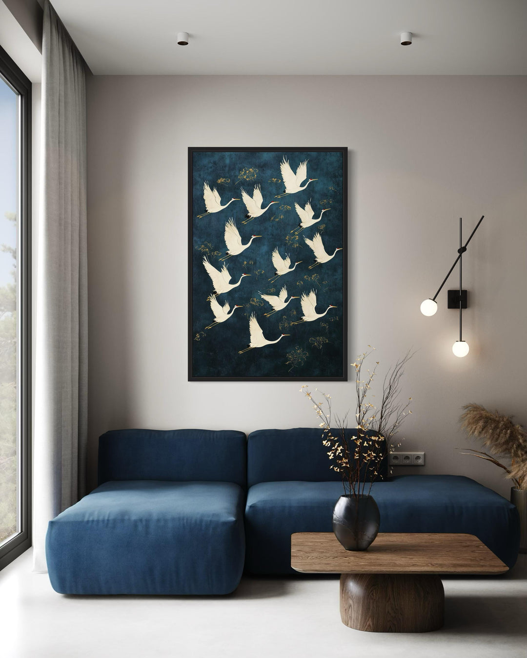 Flying Japanese Cranes Navy Blue Gold Canvas Wall Art