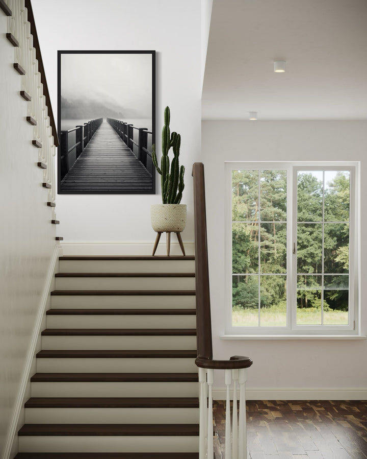 Foggy Black White Lake Landscape With Dock/Pier Framed Canvas Wall Art