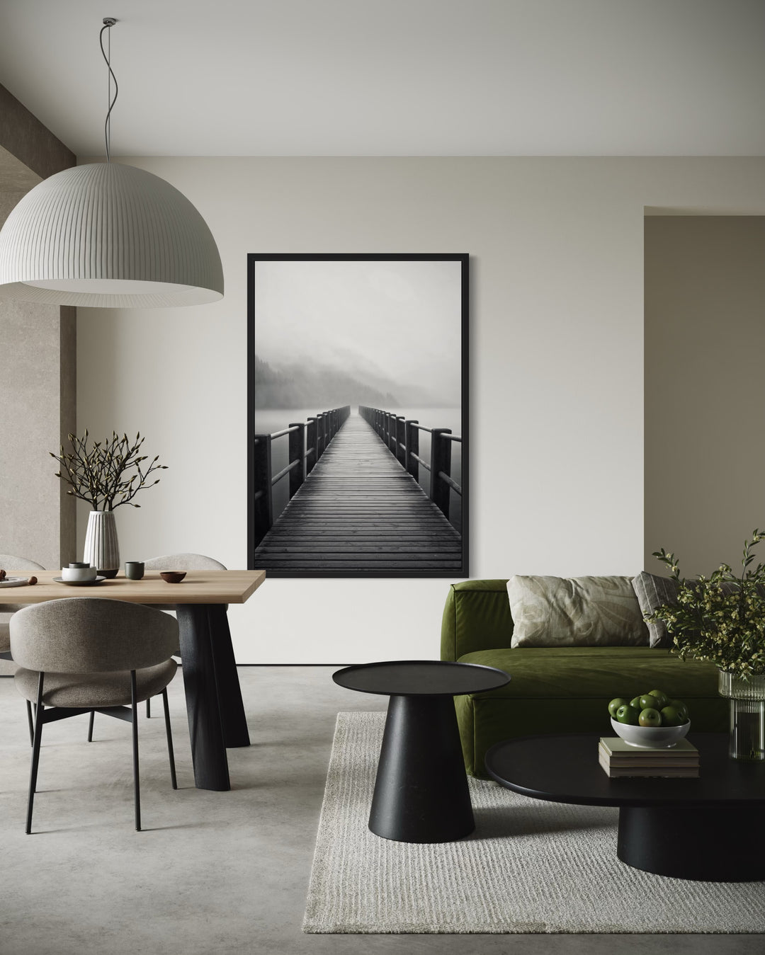 Foggy Black White Lake Landscape With Dock/Pier Framed Canvas Wall Art