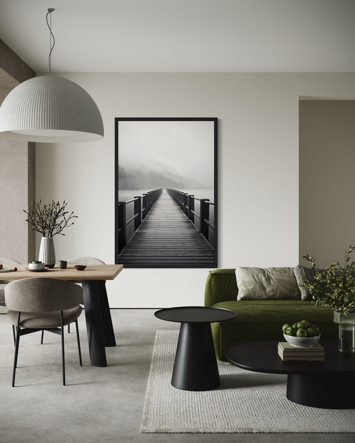 Foggy Black White Lake Landscape With Dock/Pier Framed Canvas Wall Art