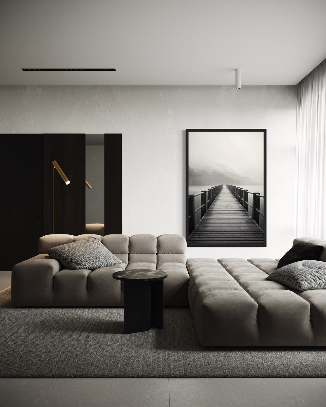 Foggy Black White Lake Landscape With Dock/Pier Framed Canvas Wall Art