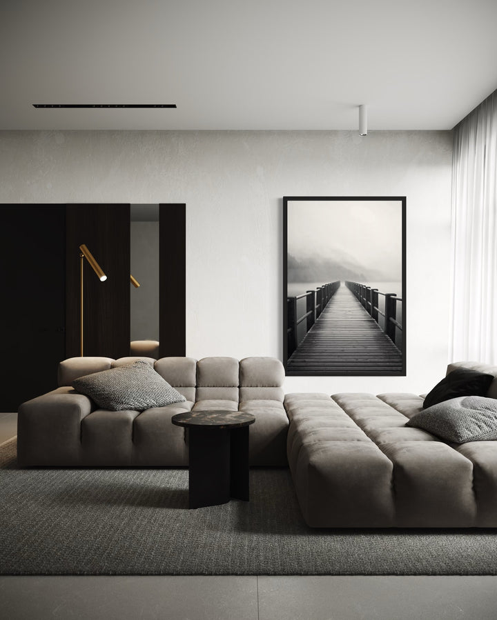 Foggy Black White Lake Landscape With Dock/Pier Framed Canvas Wall Art