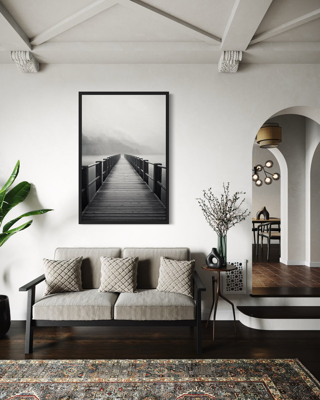 Foggy Black White Lake Landscape With Dock/Pier Framed Canvas Wall Art