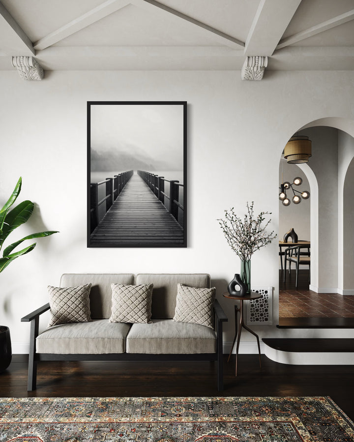 Foggy Black White Lake Landscape With Dock/Pier Framed Canvas Wall Art