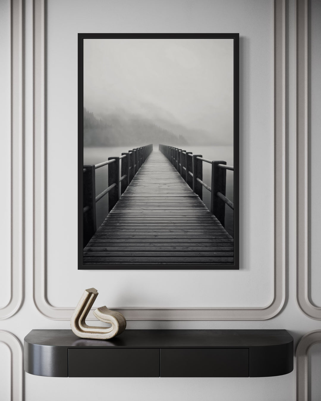 Foggy Black White Lake Landscape With Dock/Pier Framed Canvas Wall Art