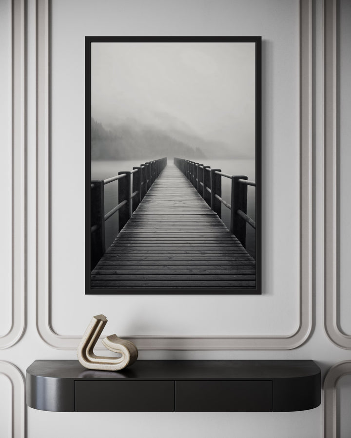 Foggy Black White Lake Landscape With Dock/Pier Framed Canvas Wall Art