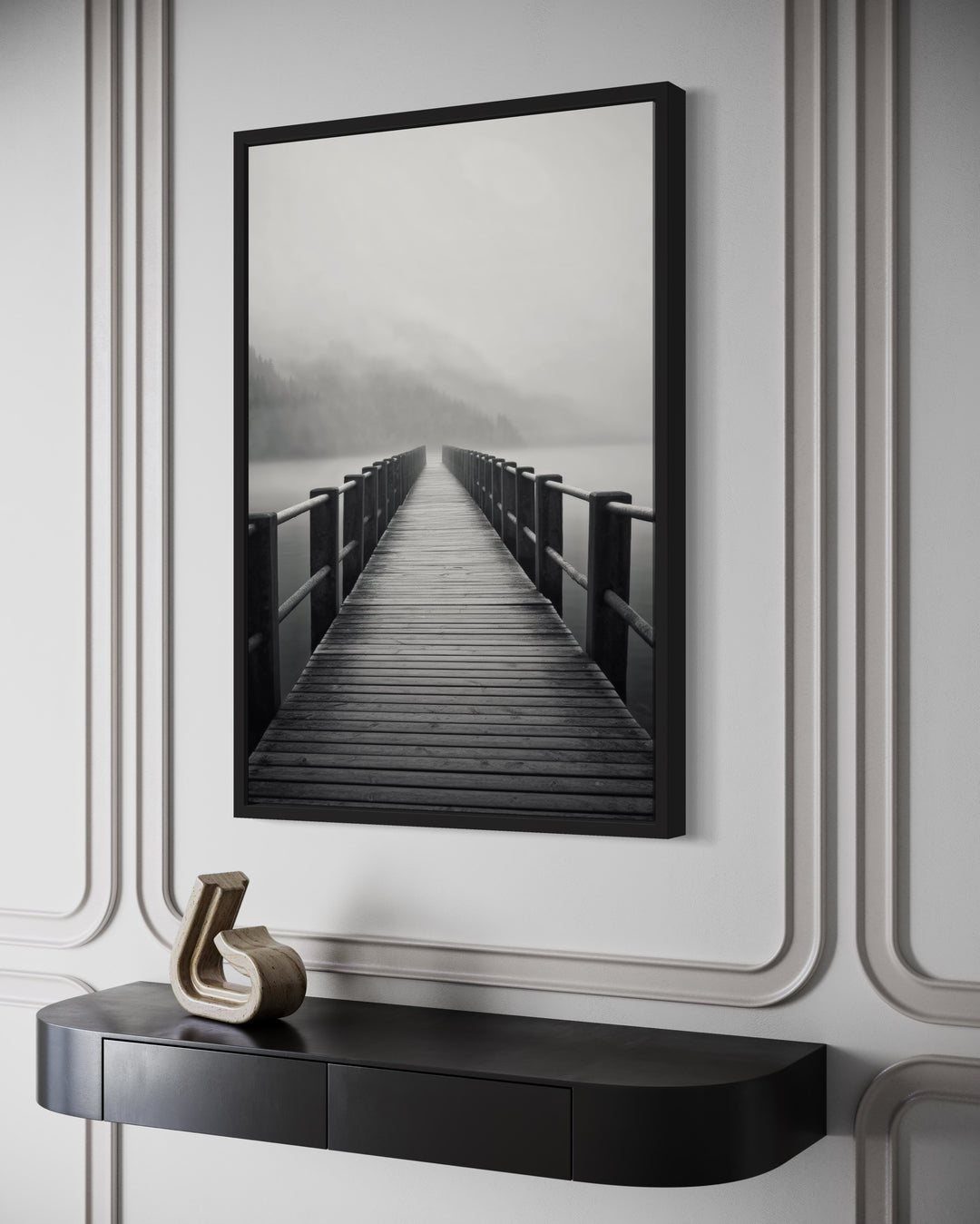 Foggy Black White Lake Landscape With Dock/Pier Framed Canvas Wall Art