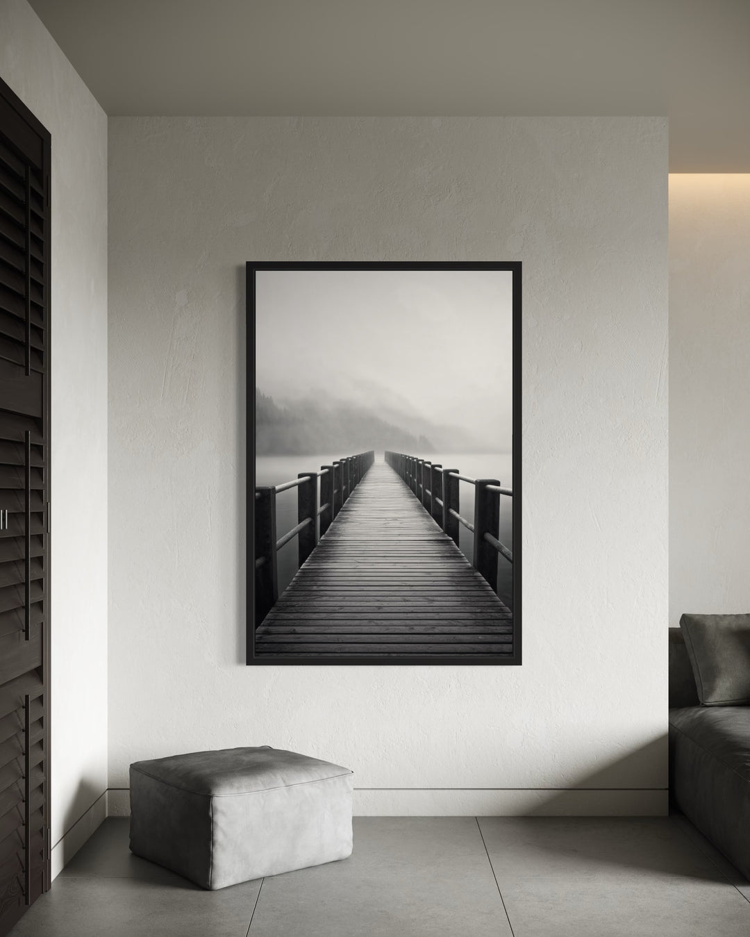 Foggy Black White Lake Landscape With Dock/Pier Framed Canvas Wall Art